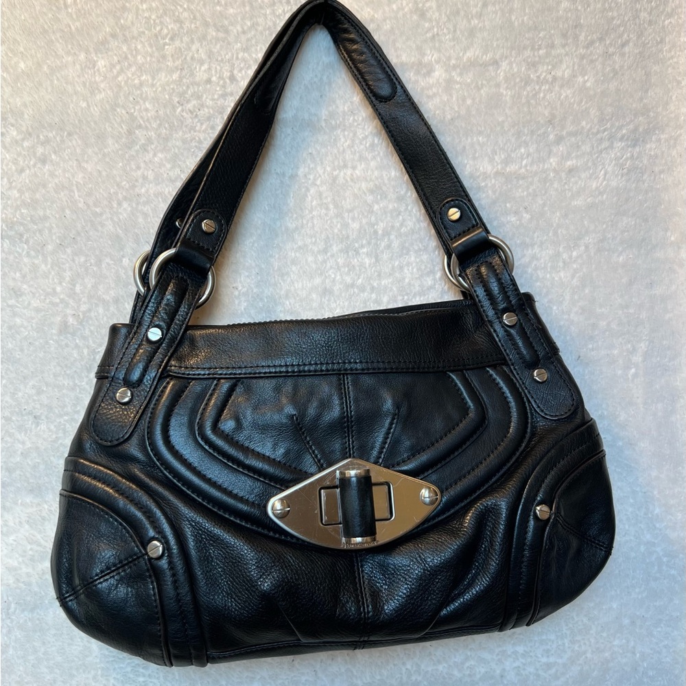Black Leather Shoulder Bag with Metallic Closure